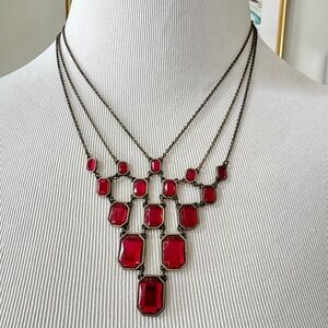 Vintage Signed NR Avon Triple Strand Bronze Tone Dark Red Rhinestones Necklace